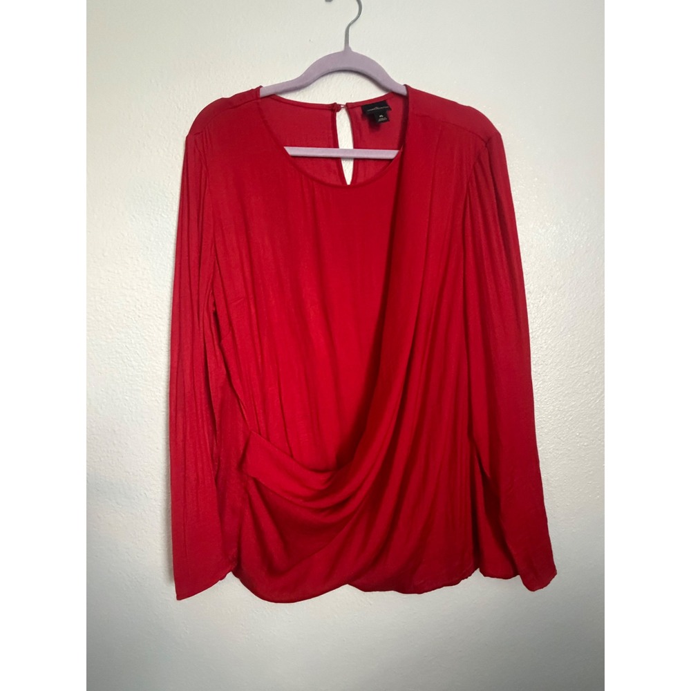 Worthington Red Draped Front Long Sleeve Blouse Keyhole Back XL feminine red